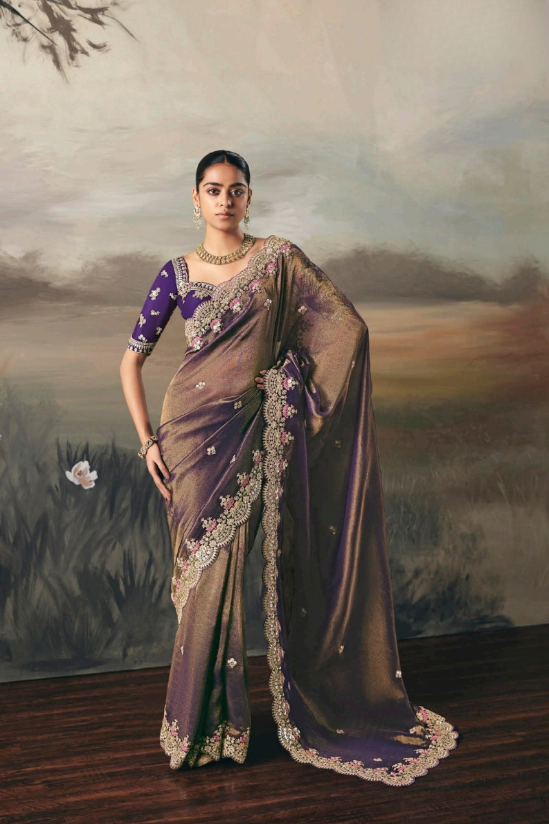 Fancy Tissue Saree with Designer Contrast Handwork Blouse
