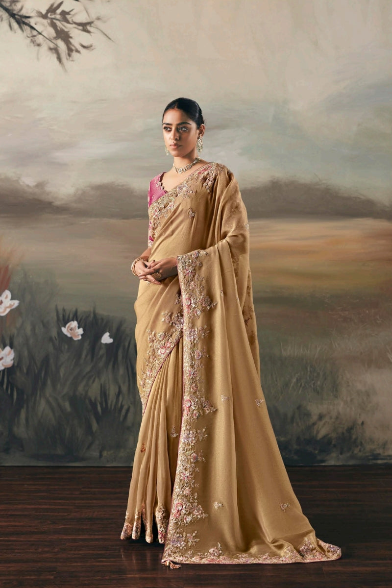 Fancy Tissue Saree with Designer Contrast Handwork Blouse