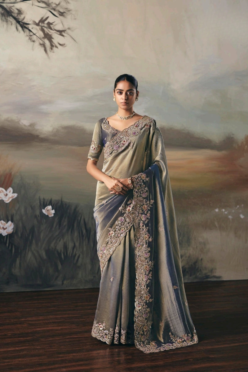 Fancy Tissue Saree with Designer Contrast Handwork Blouse