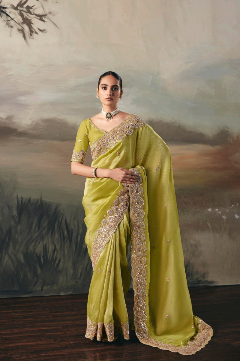 Fancy Tissue Saree with Designer Contrast Handwork Blouse