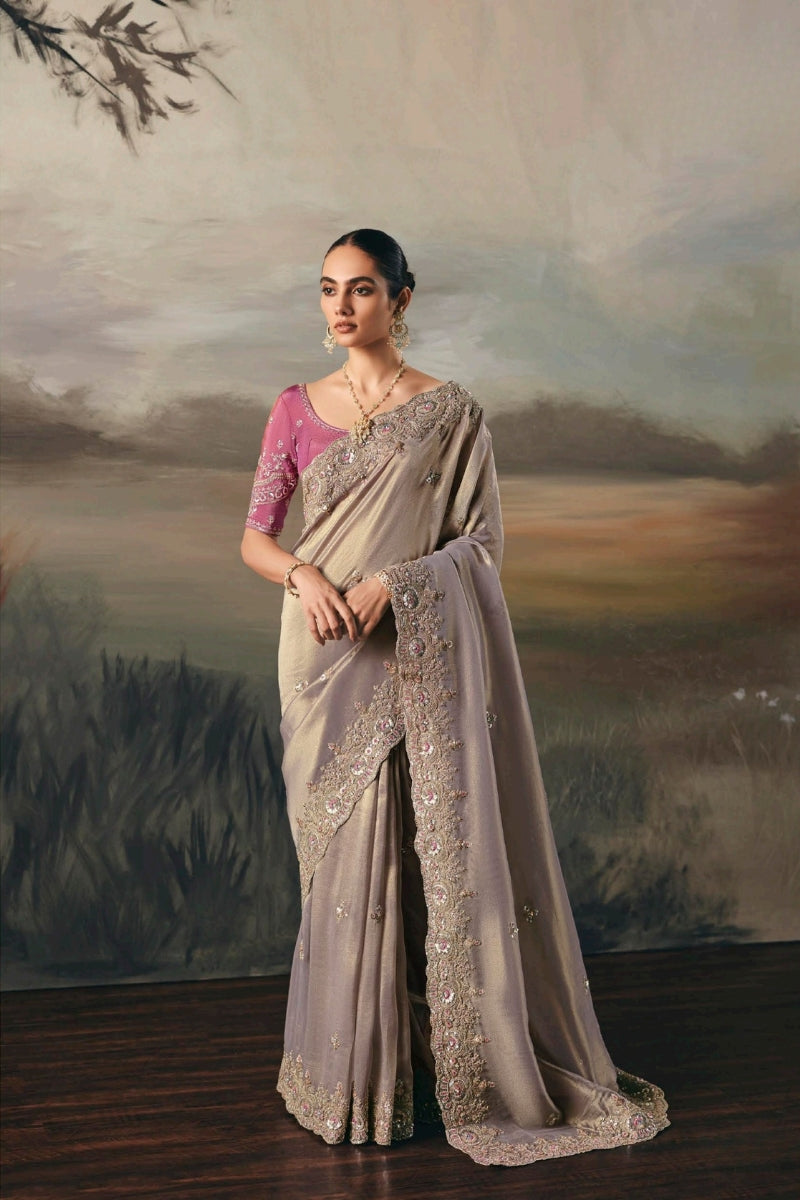 Fancy Tissue Saree with Designer Contrast Handwork Blouse