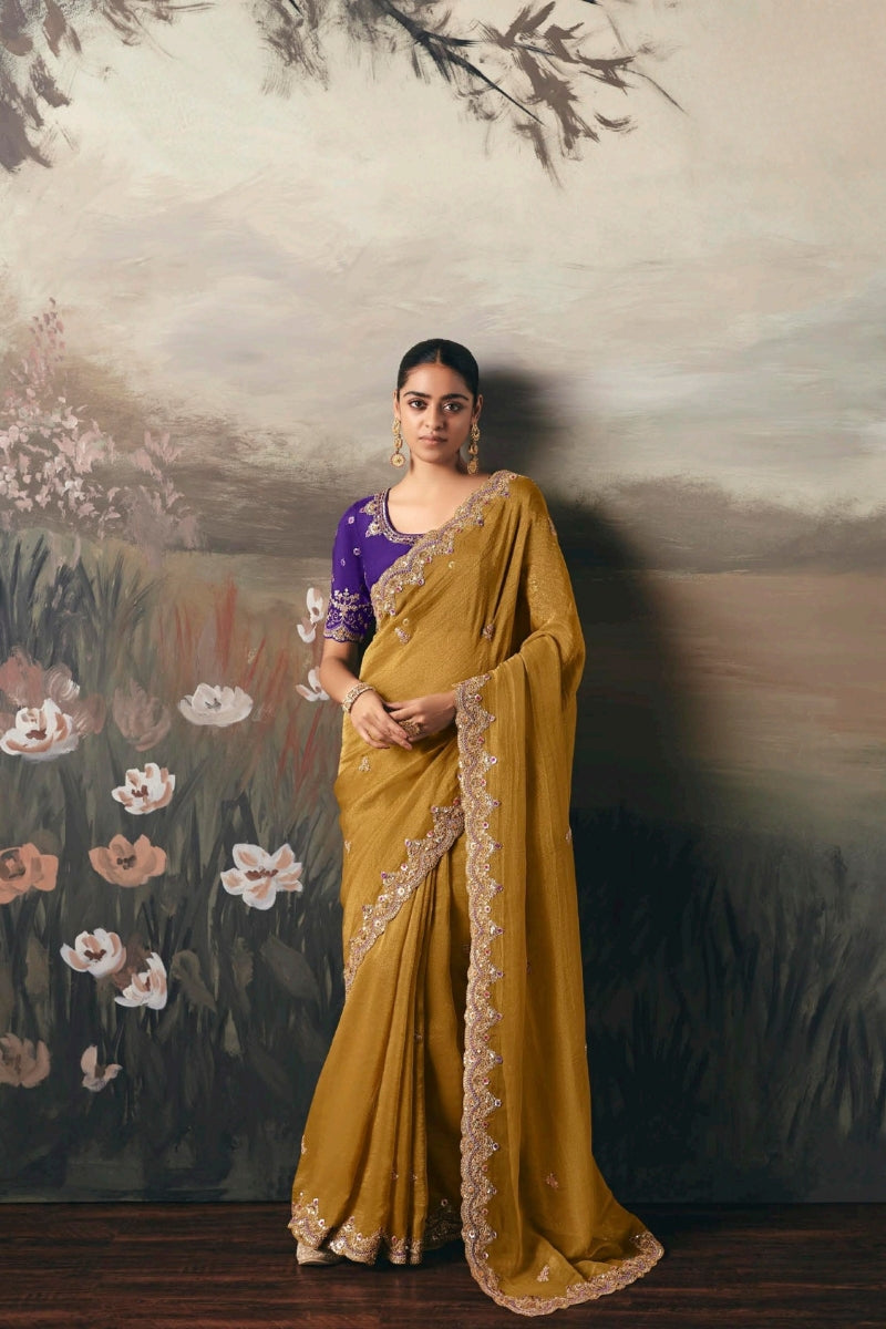 Fancy Tissue Saree with Designer Contrast Handwork Blouse