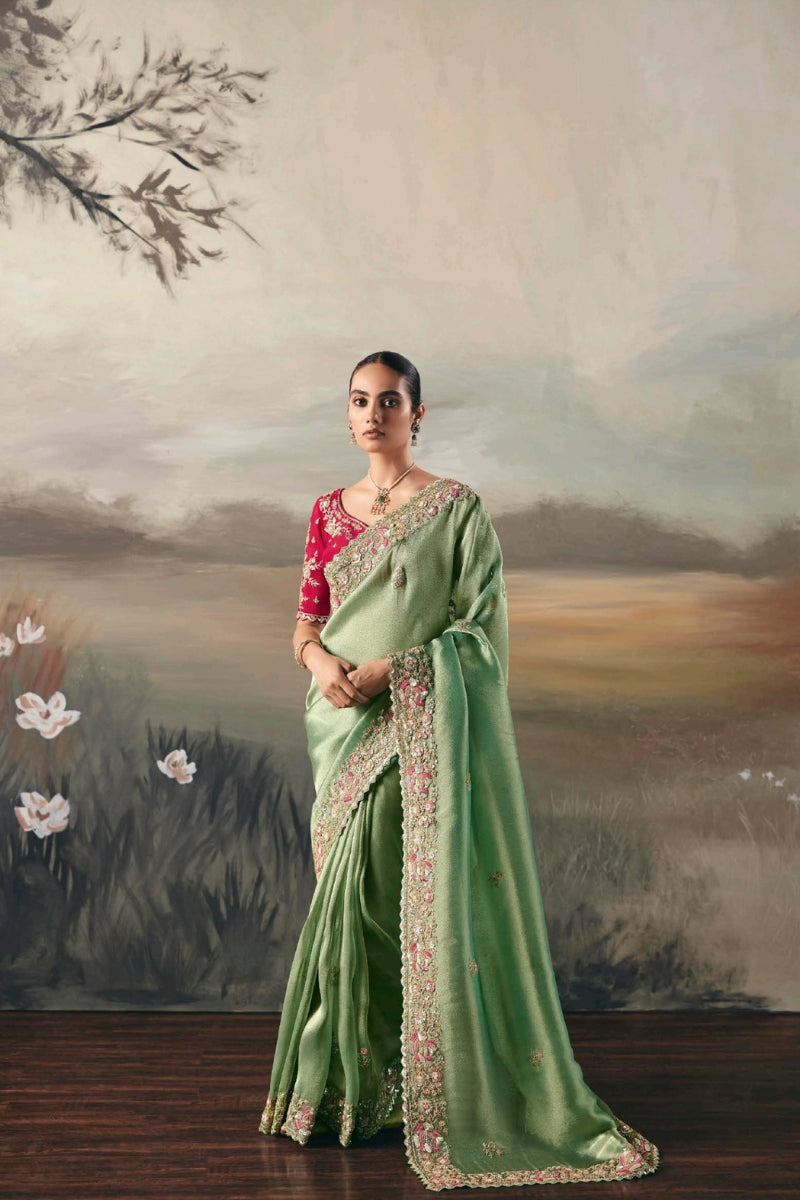 Fancy Tissue Saree with Designer Contrast Handwork Blouse