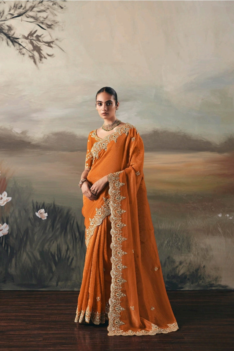 Fancy Tissue Saree with Designer Contrast Handwork Blouse