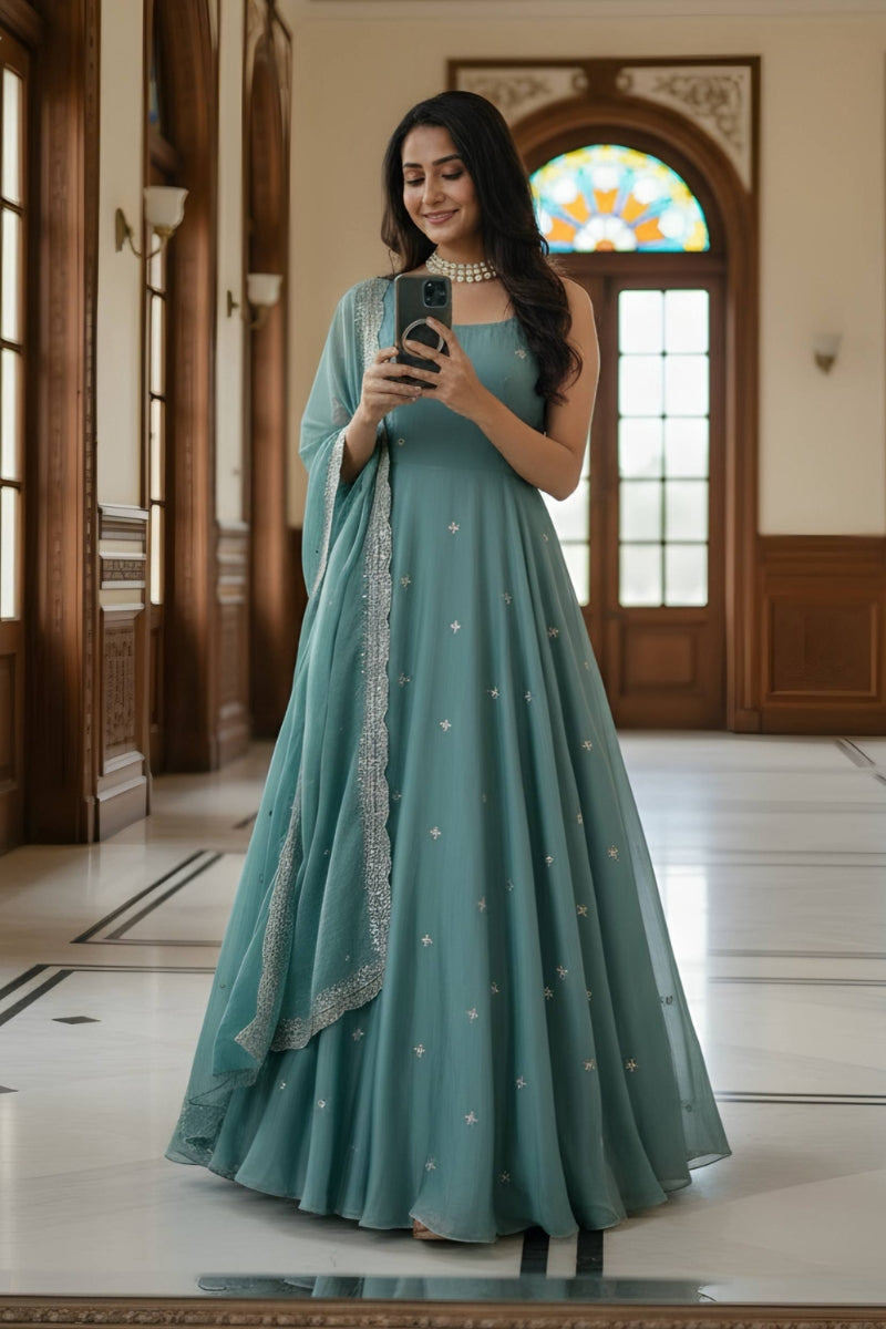Fandy Satin Gown & Dupatta Set with Zari and Sequin Embroidery