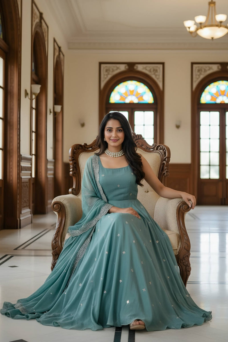 Fandy Satin Gown & Dupatta Set with Zari and Sequin Embroidery