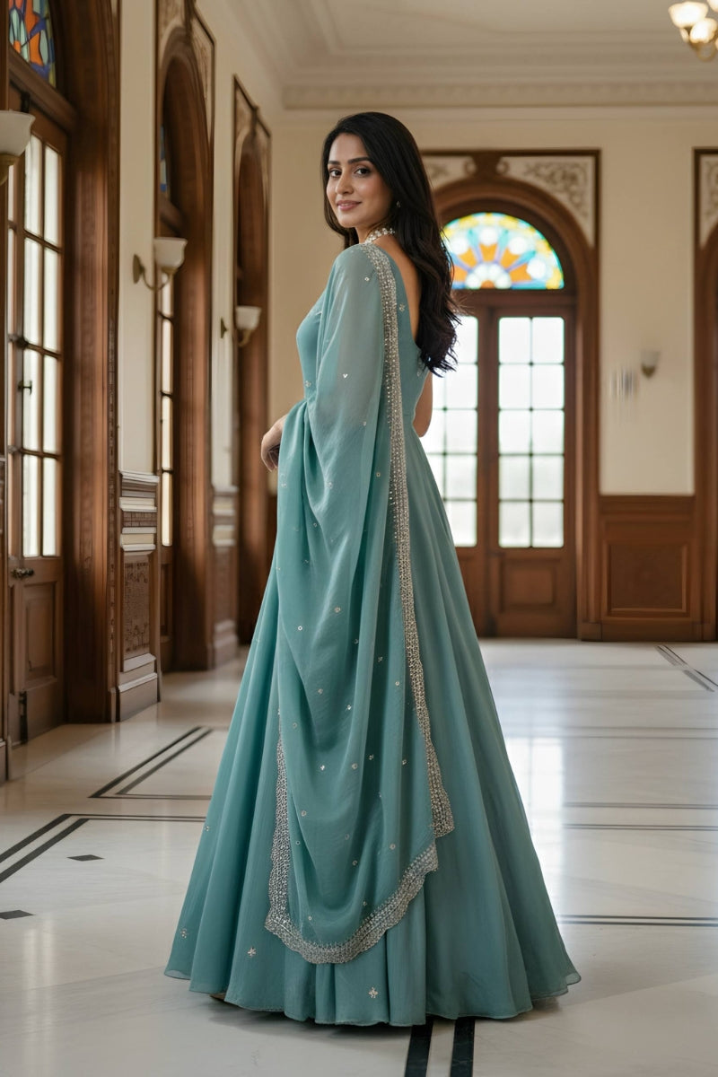 Fandy Satin Gown & Dupatta Set with Zari and Sequin Embroidery