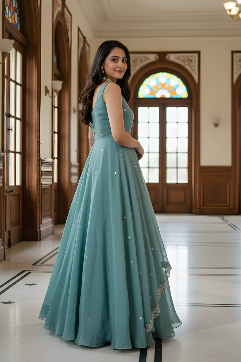 Fandy Satin Gown & Dupatta Set with Zari and Sequin Embroidery