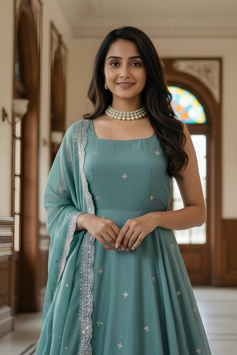 Fandy Satin Gown & Dupatta Set with Zari and Sequin Embroidery