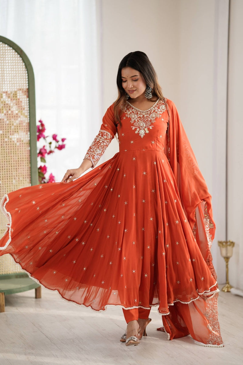 Faux Blooming Anarkali Kurta Set With Sequence & Moti Work