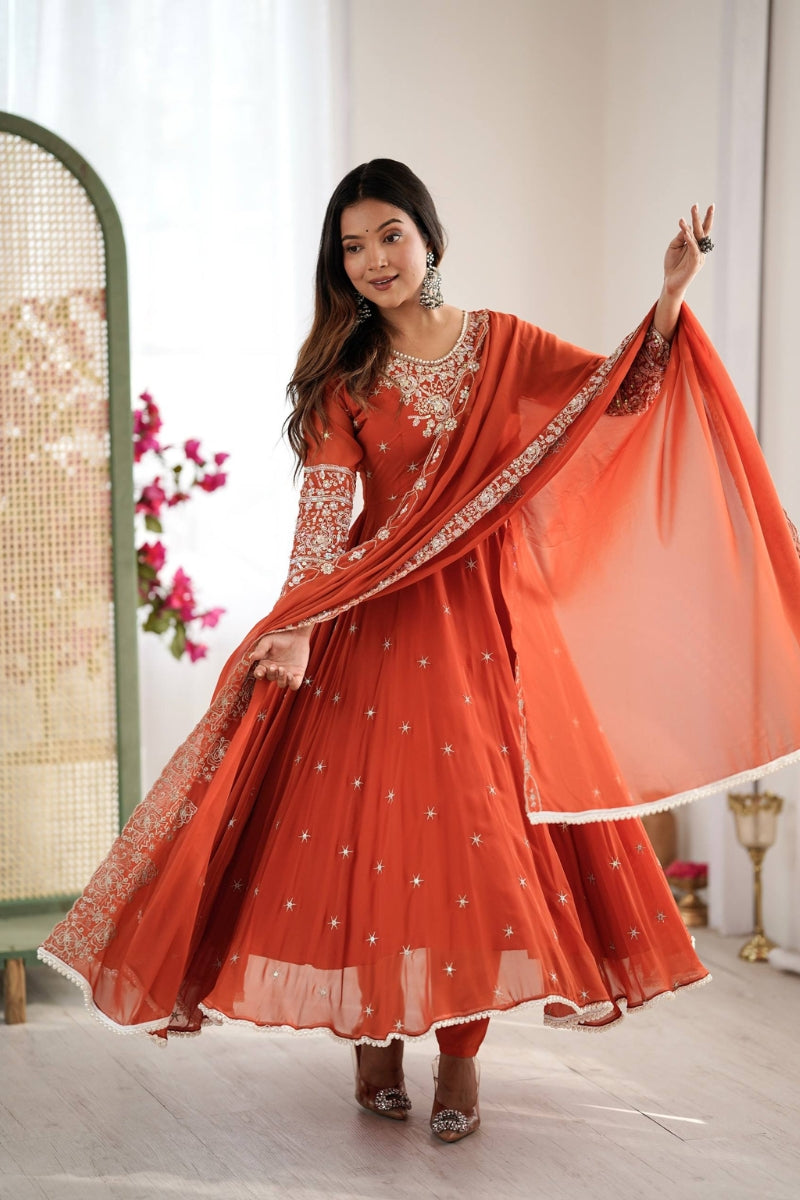 Faux Blooming Anarkali Kurta Set With Sequence & Moti Work