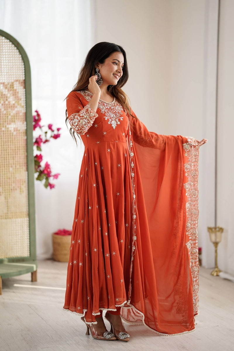 Faux Blooming Anarkali Kurta Set With Sequence & Moti Work