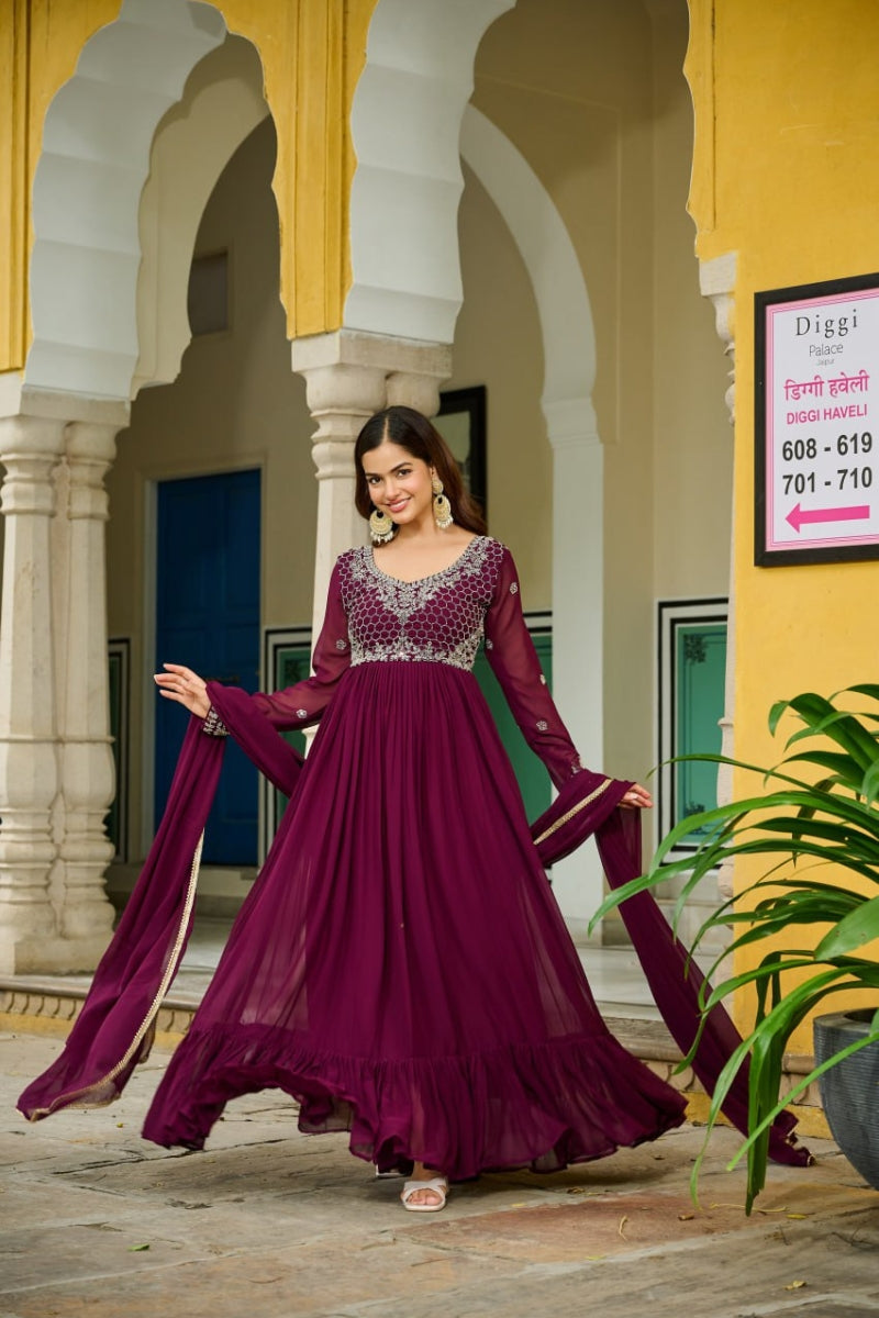 Faux Blooming Gown with Beads Embroidery & Dupatta With Lace Border