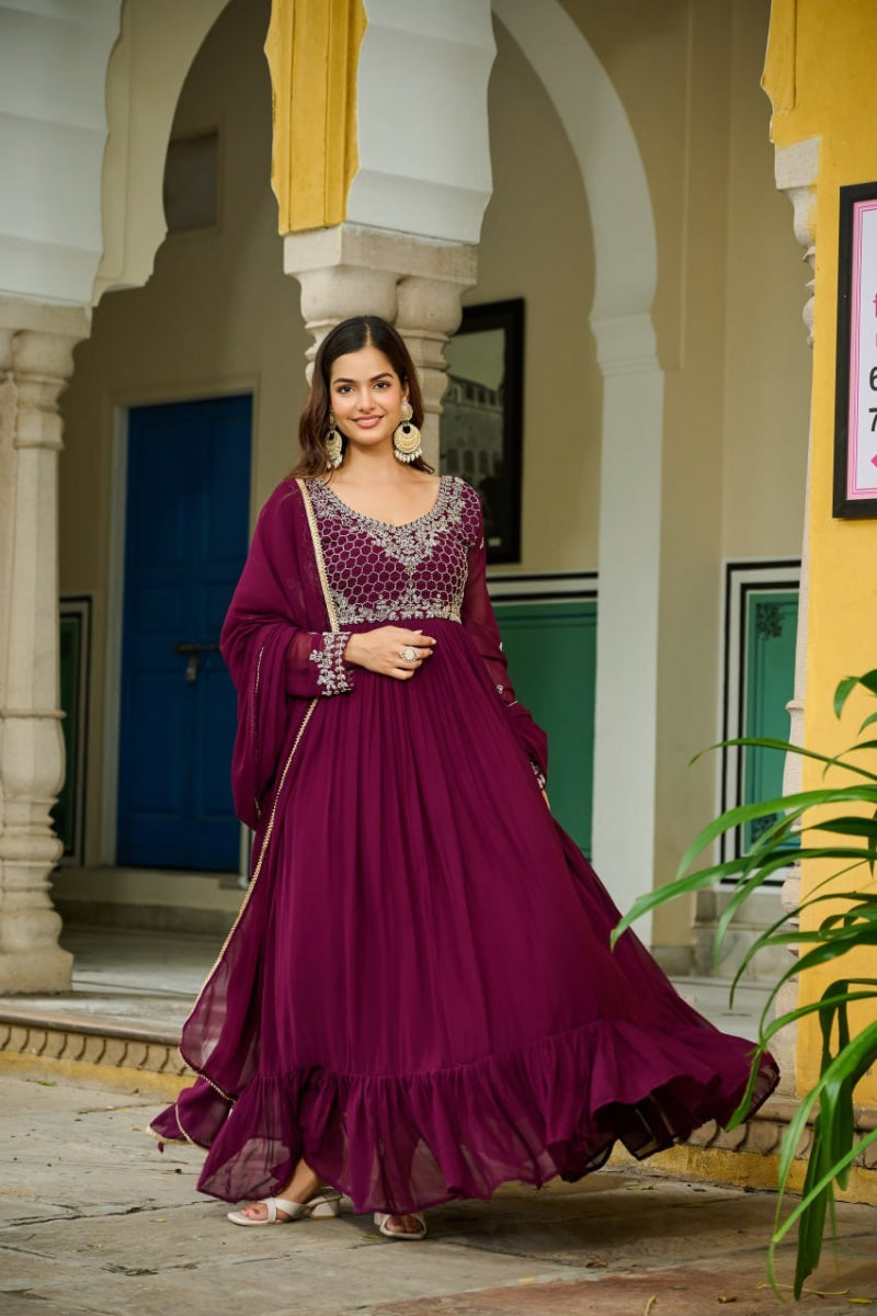 Faux Blooming Gown with Beads Embroidery & Dupatta With Lace Border
