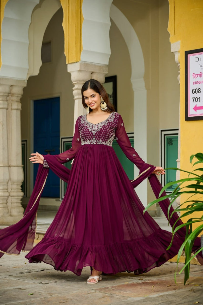 Faux Blooming Gown with Beads Embroidery & Dupatta With Lace Border