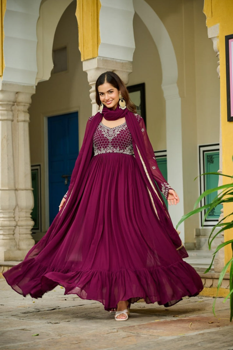 Faux Blooming Gown with Beads Embroidery & Dupatta With Lace Border