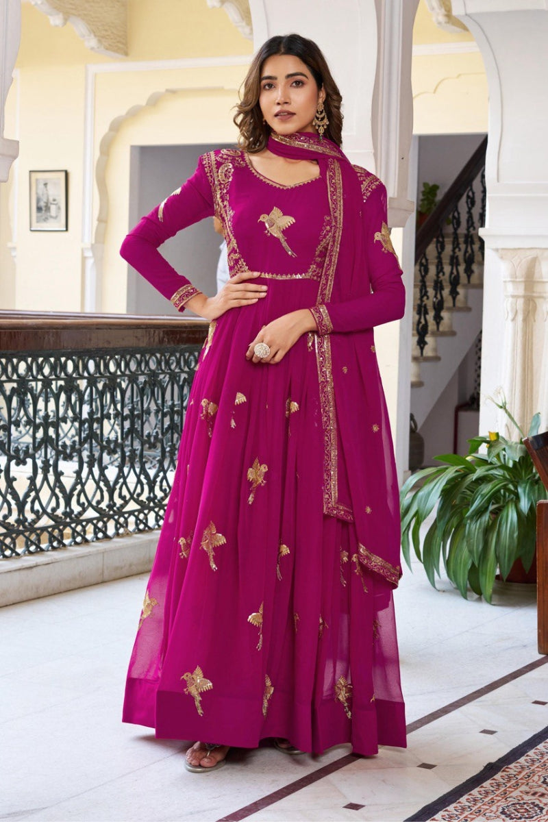Faux Georgette Anarkali Suit Set with Dupatta & Pant