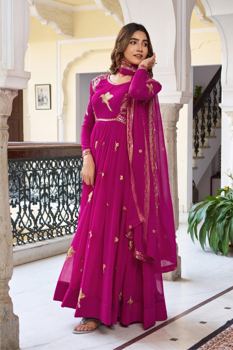 Faux Georgette Anarkali Suit Set with Dupatta & Pant