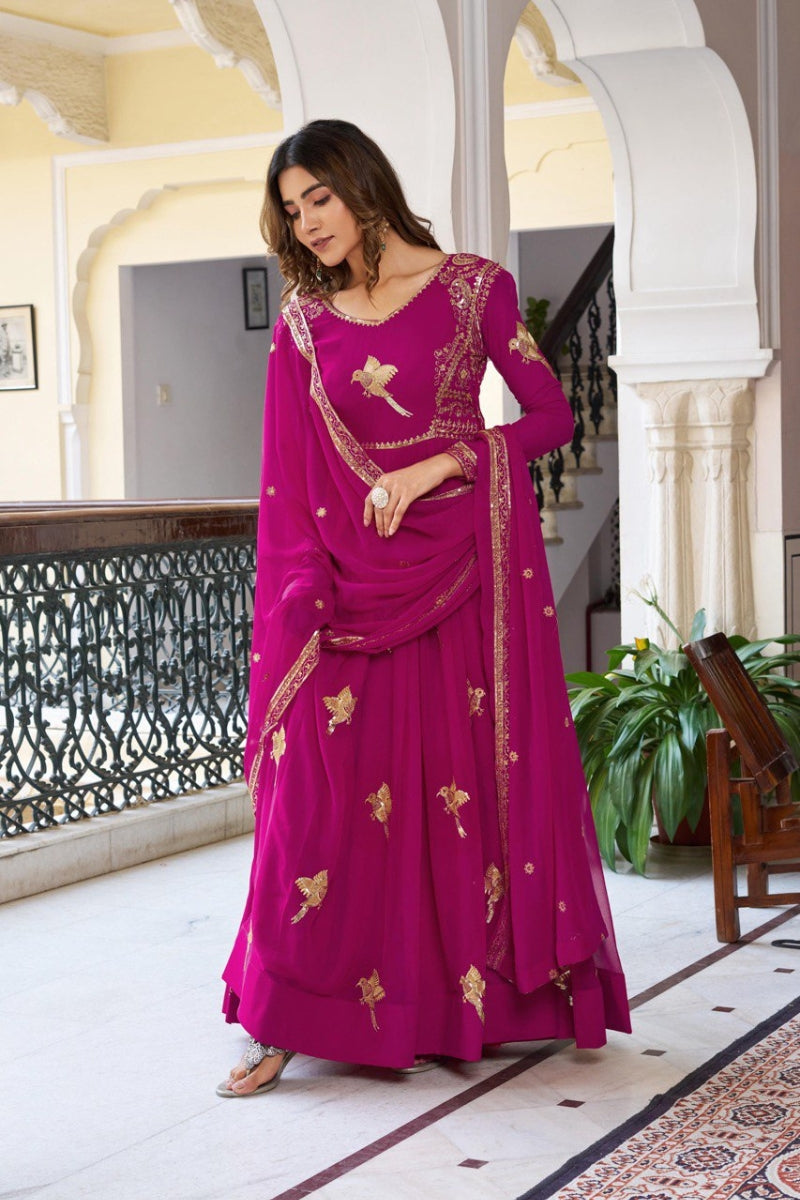 Faux Georgette Anarkali Suit Set with Dupatta & Pant