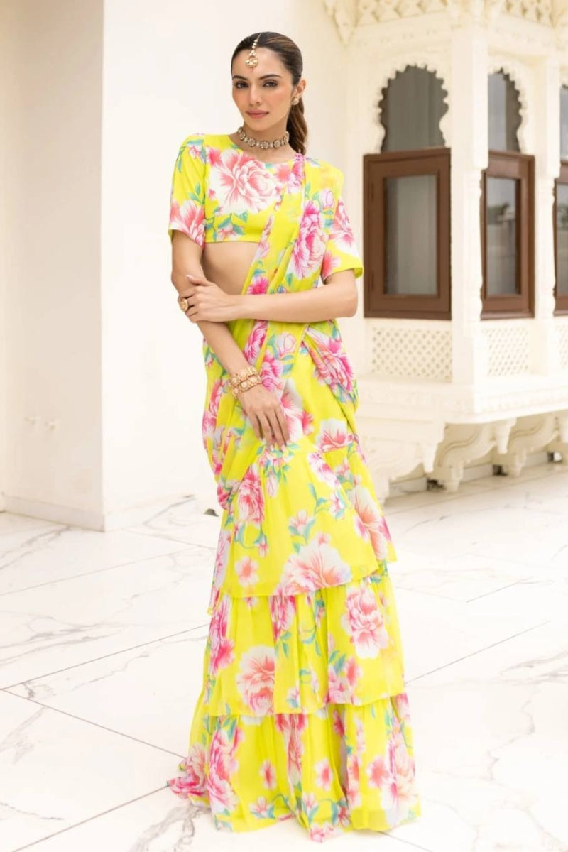 Faux Georgette Lehenga Saree with Digital Print & Ruffled Pallu