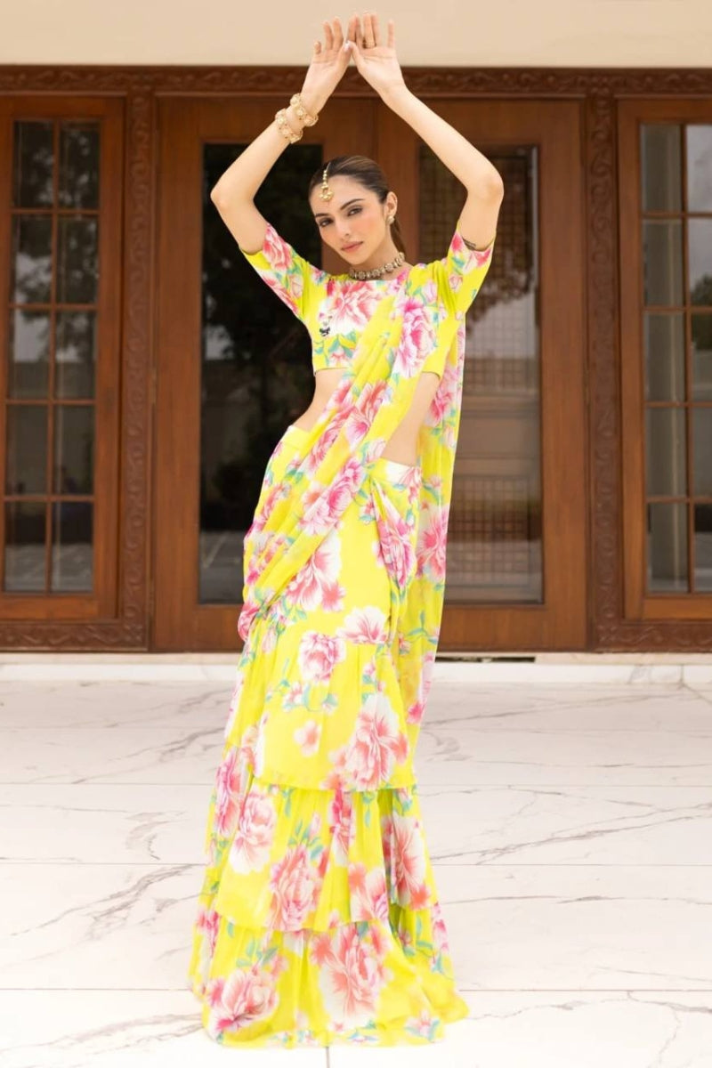 Faux Georgette Lehenga Saree with Digital Print & Ruffled Pallu