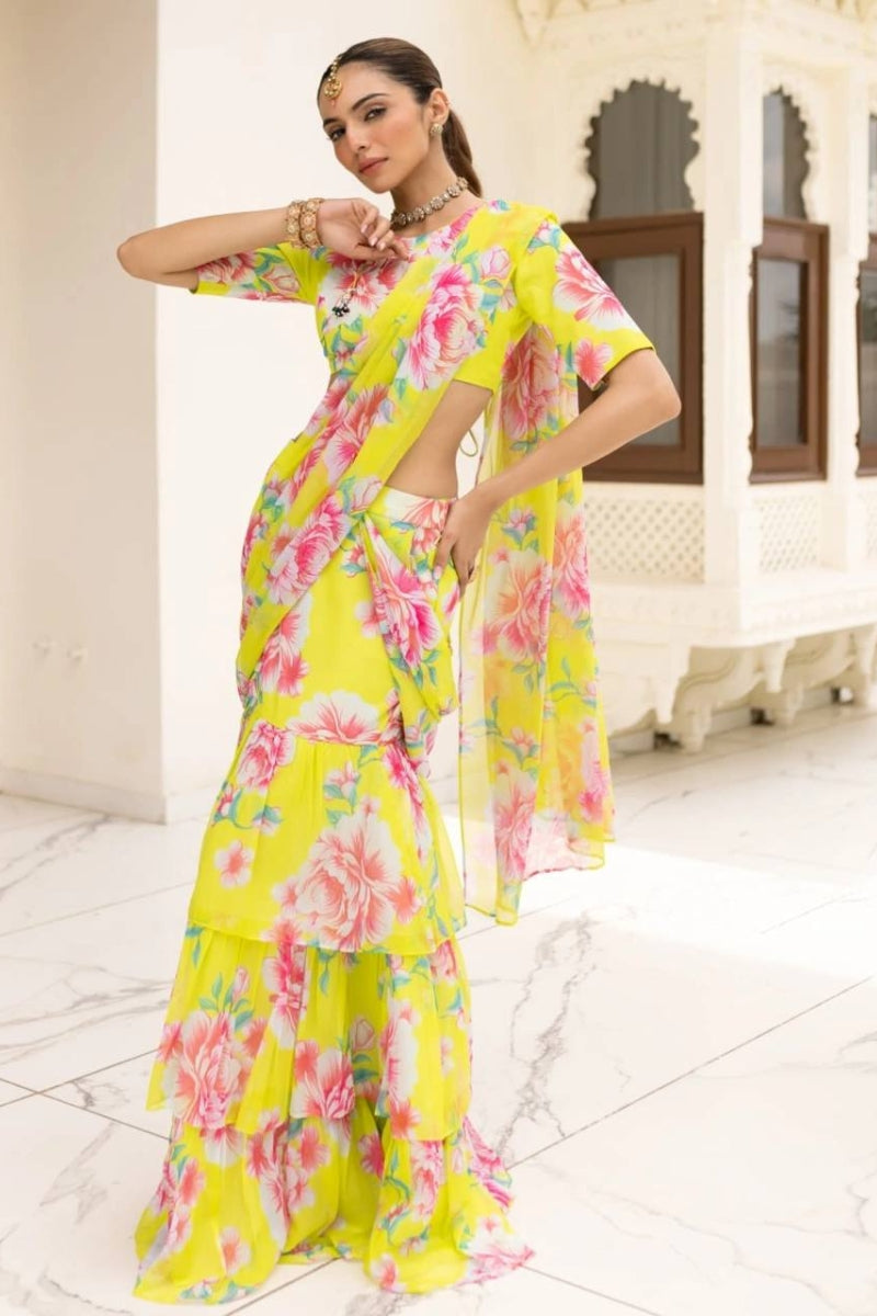 Faux Georgette Lehenga Saree with Digital Print & Ruffled Pallu