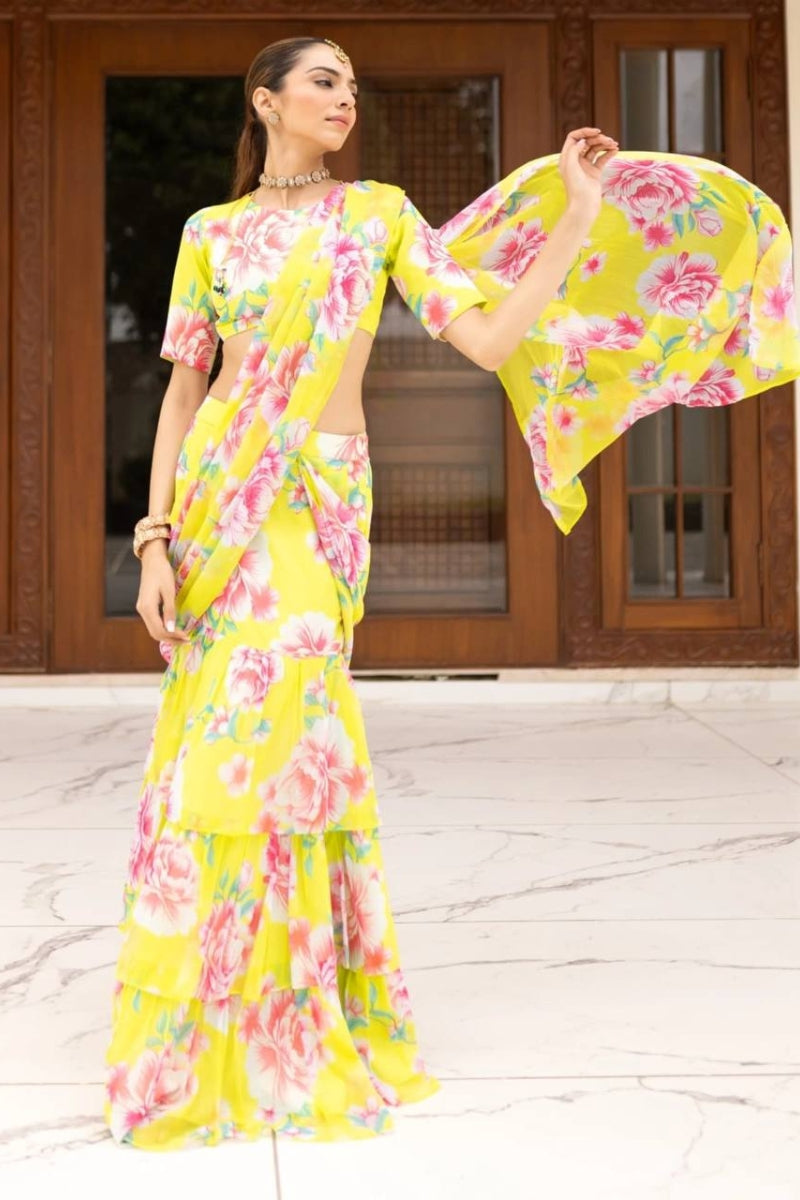 Faux Georgette Lehenga Saree with Digital Print & Ruffled Pallu