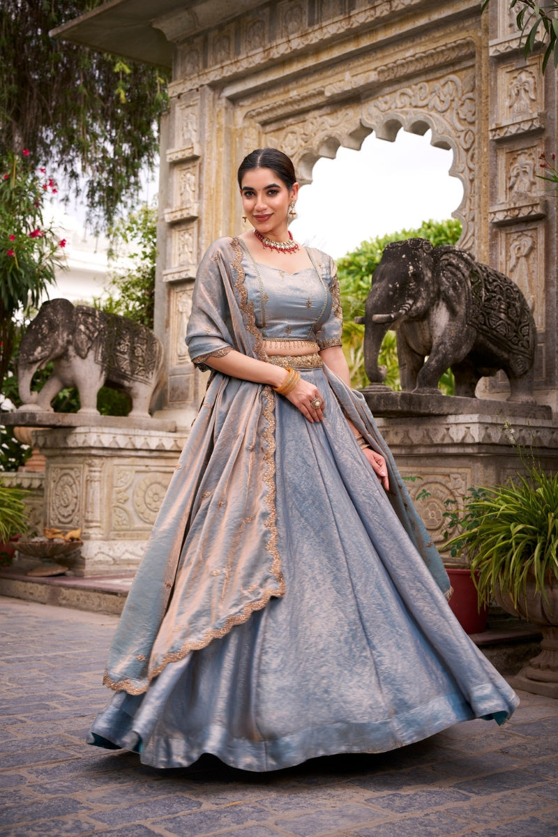 Fendi Silk Lehenga with Embroidered Belt, Lace Blouse & Dupatta