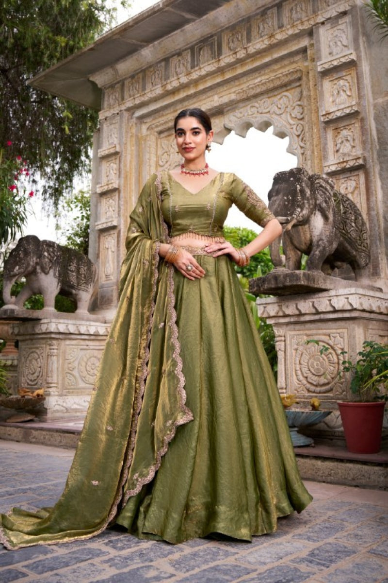 Fendi Silk Lehenga with Embroidered Belt, Lace Blouse & Dupatta
