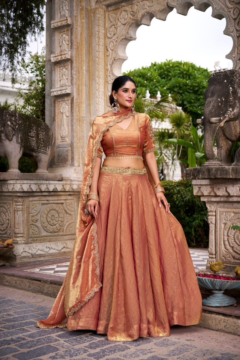 Fendi Silk Lehenga with Embroidered Belt, Lace Blouse & Dupatta