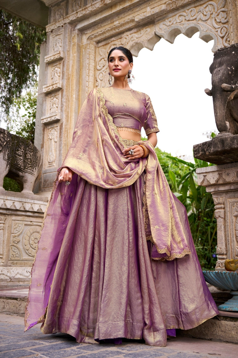 Fendi Silk Lehenga with Embroidered Belt, Lace Blouse & Dupatta