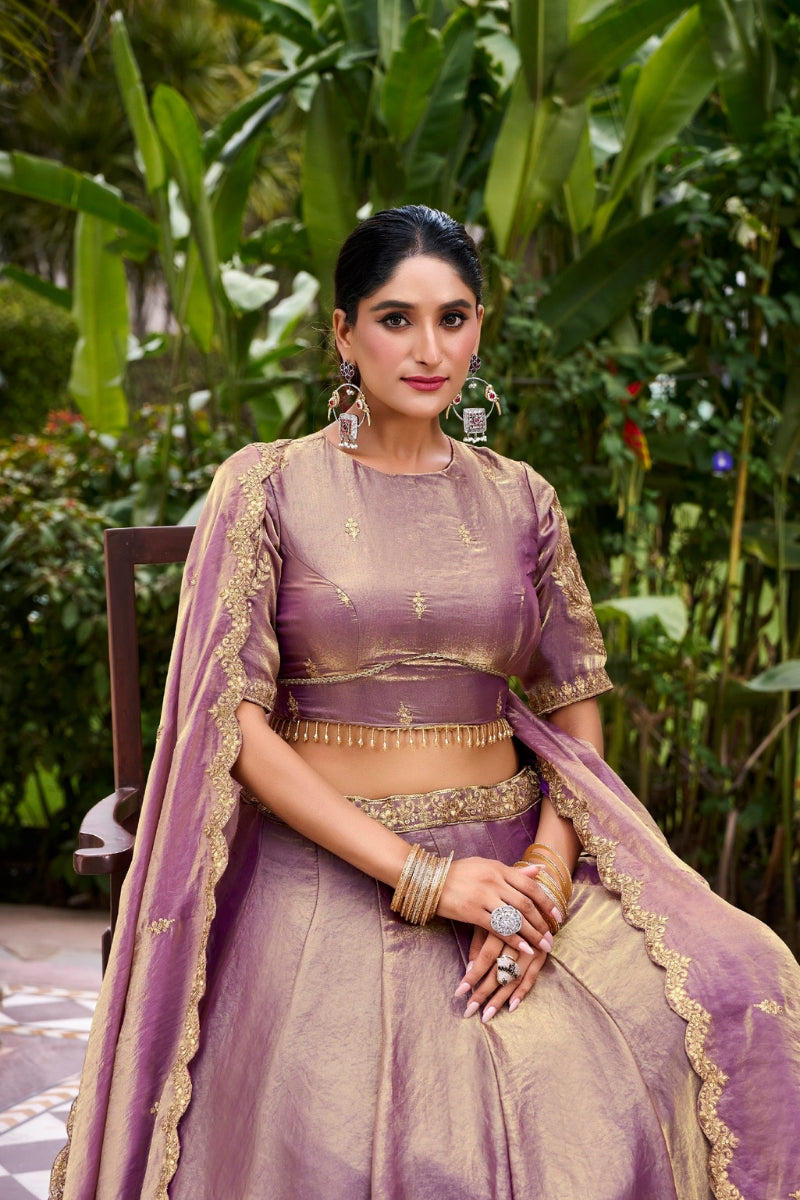 Fendi Silk Lehenga with Embroidered Belt, Lace Blouse & Dupatta