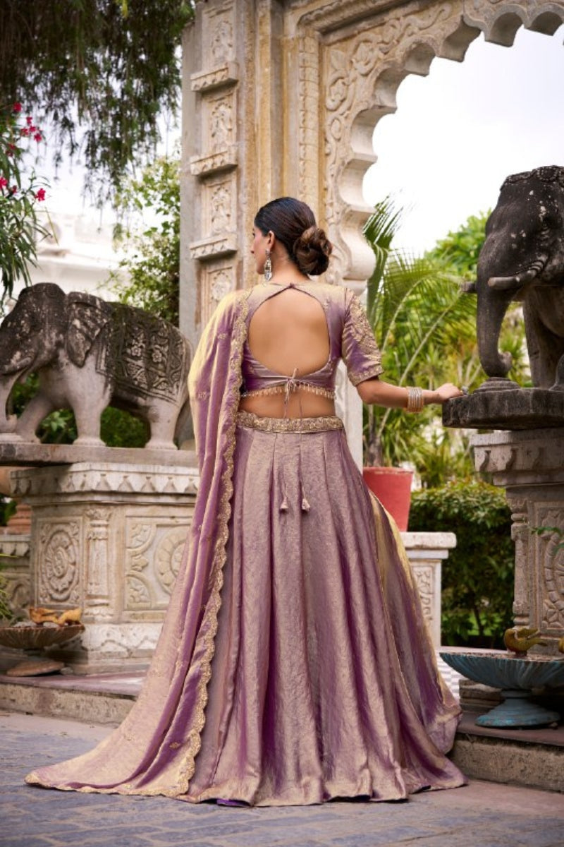 Fendi Silk Lehenga with Embroidered Belt, Lace Blouse & Dupatta