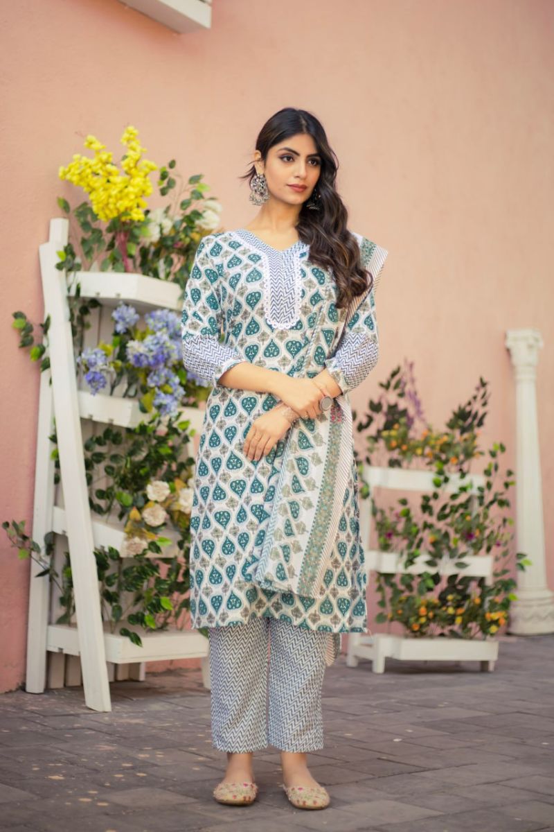 Cotton Embroidered Kurta Pant Dupatta Set  Elegant Ethnic Wear for Women