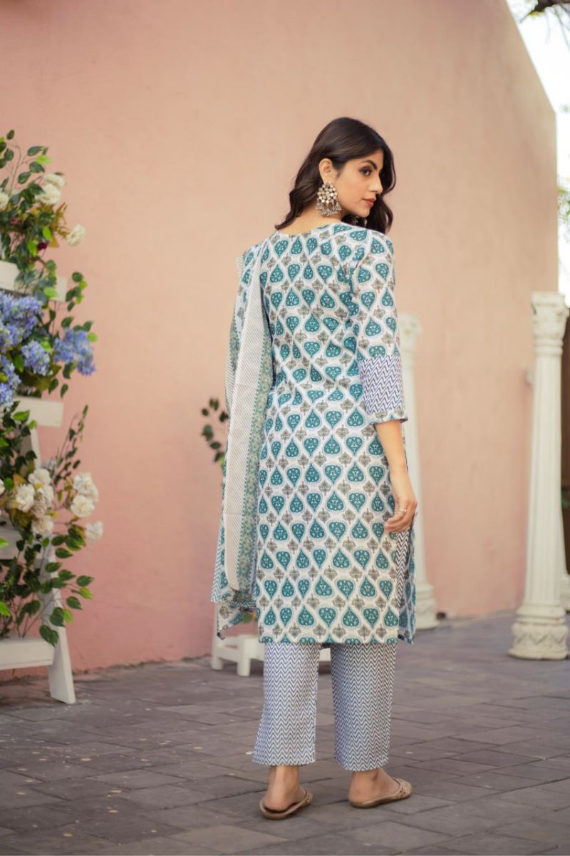 Cotton Embroidered Kurta Pant Dupatta Set  Elegant Ethnic Wear for Women