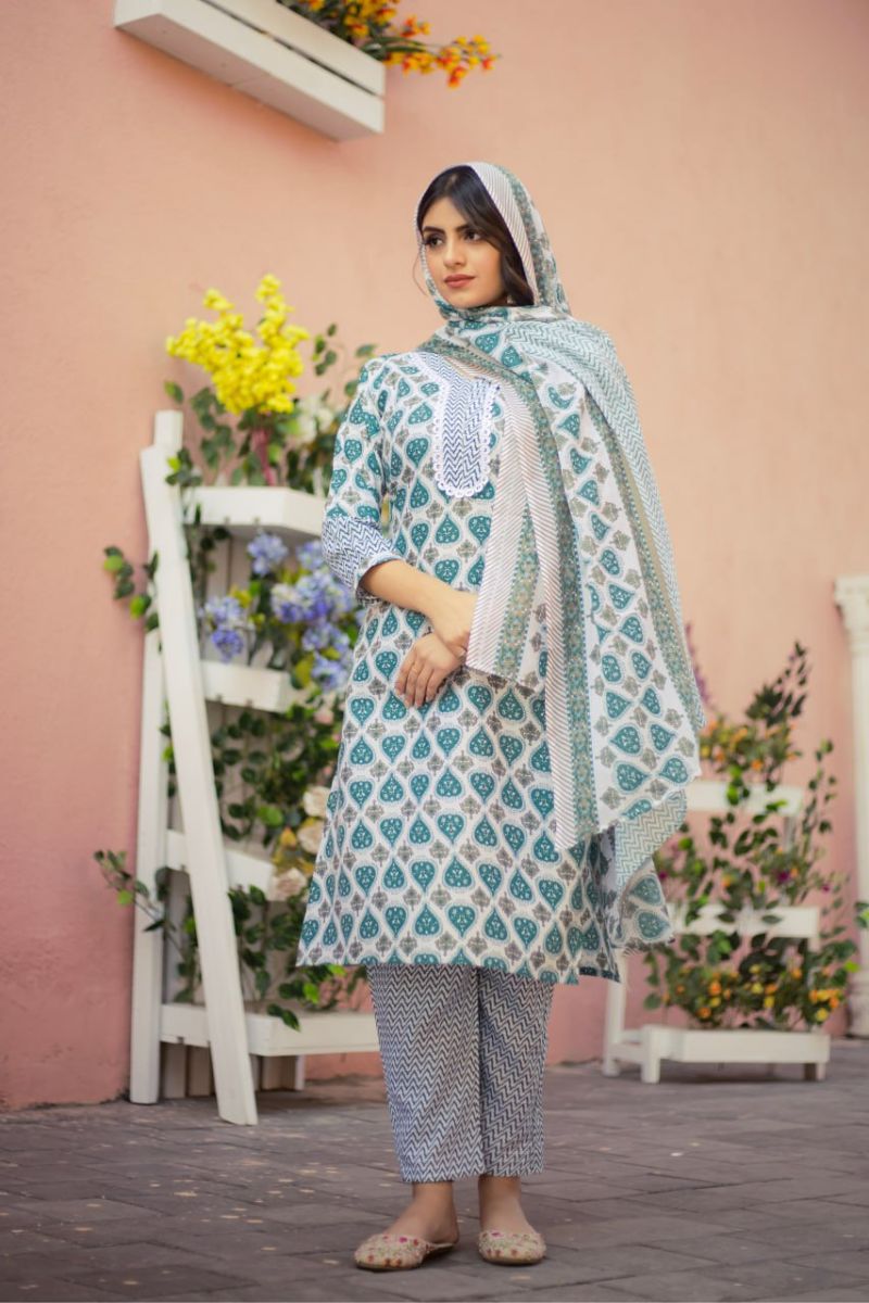 Cotton Embroidered Kurta Pant Dupatta Set  Elegant Ethnic Wear for Women
