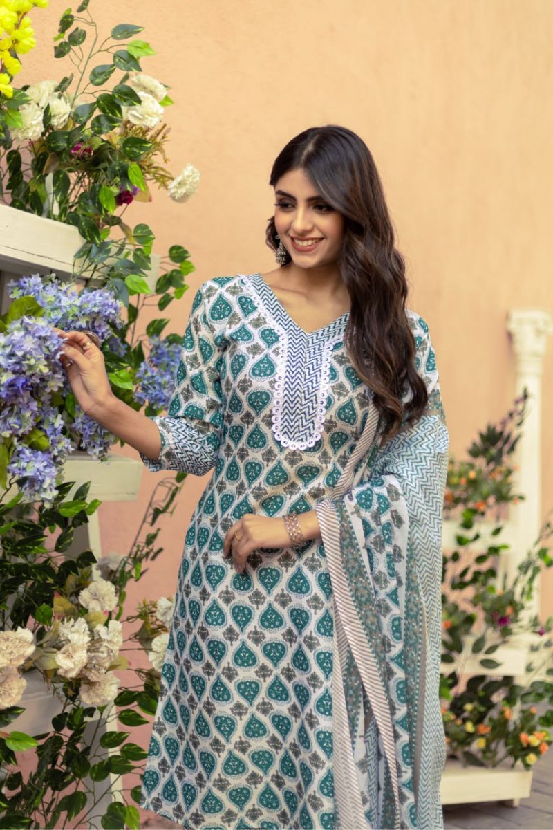 Cotton Embroidered Kurta Pant Dupatta Set  Elegant Ethnic Wear for Women