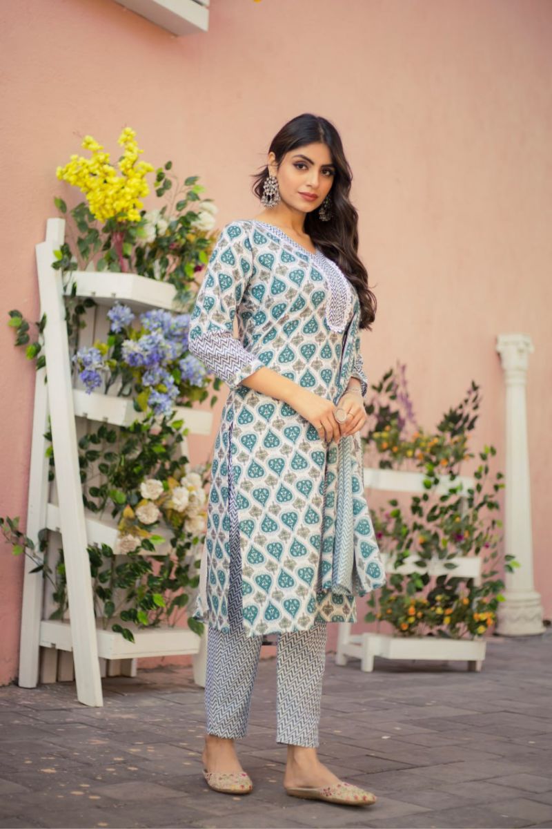 Cotton Embroidered Kurta Pant Dupatta Set  Elegant Ethnic Wear for Women