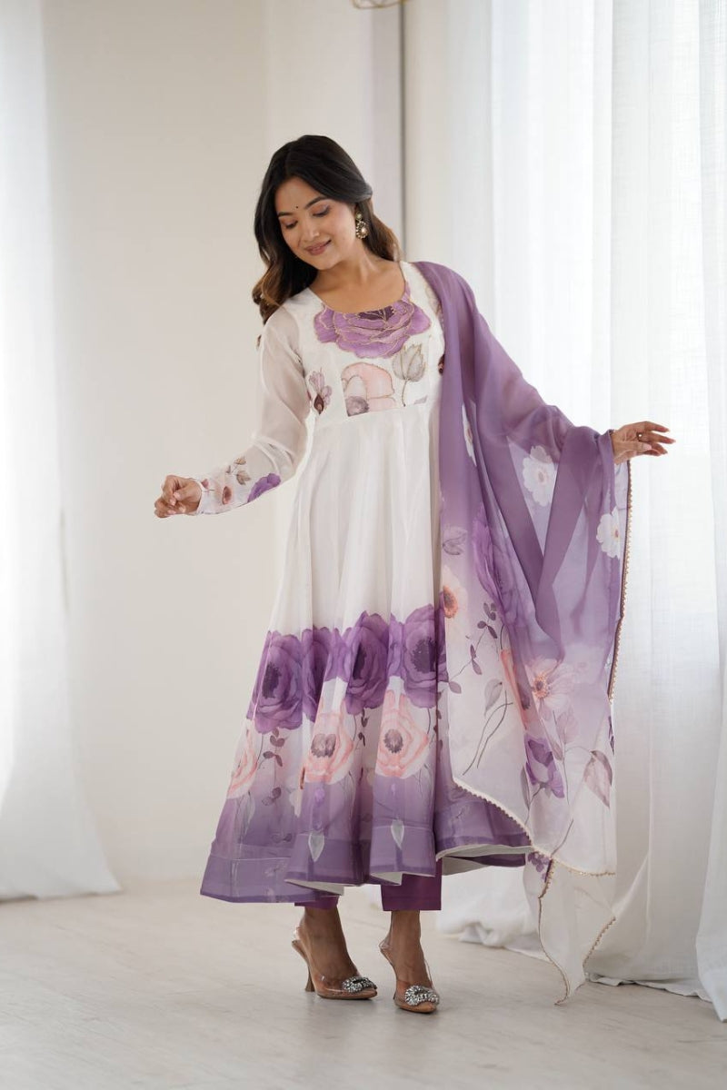 Floral Anarkali Suit in Organza Silk with Jari Work