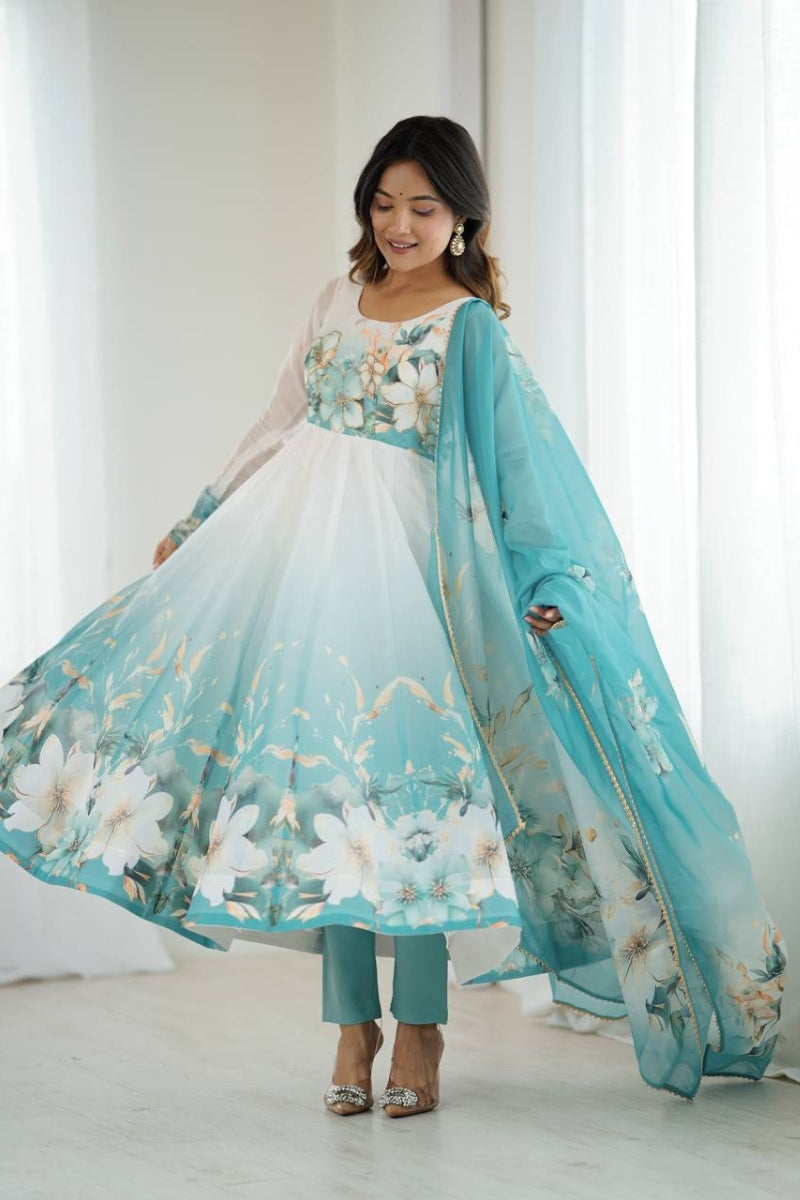 Floral Anarkali Suit in Organza Silk with Jari Work