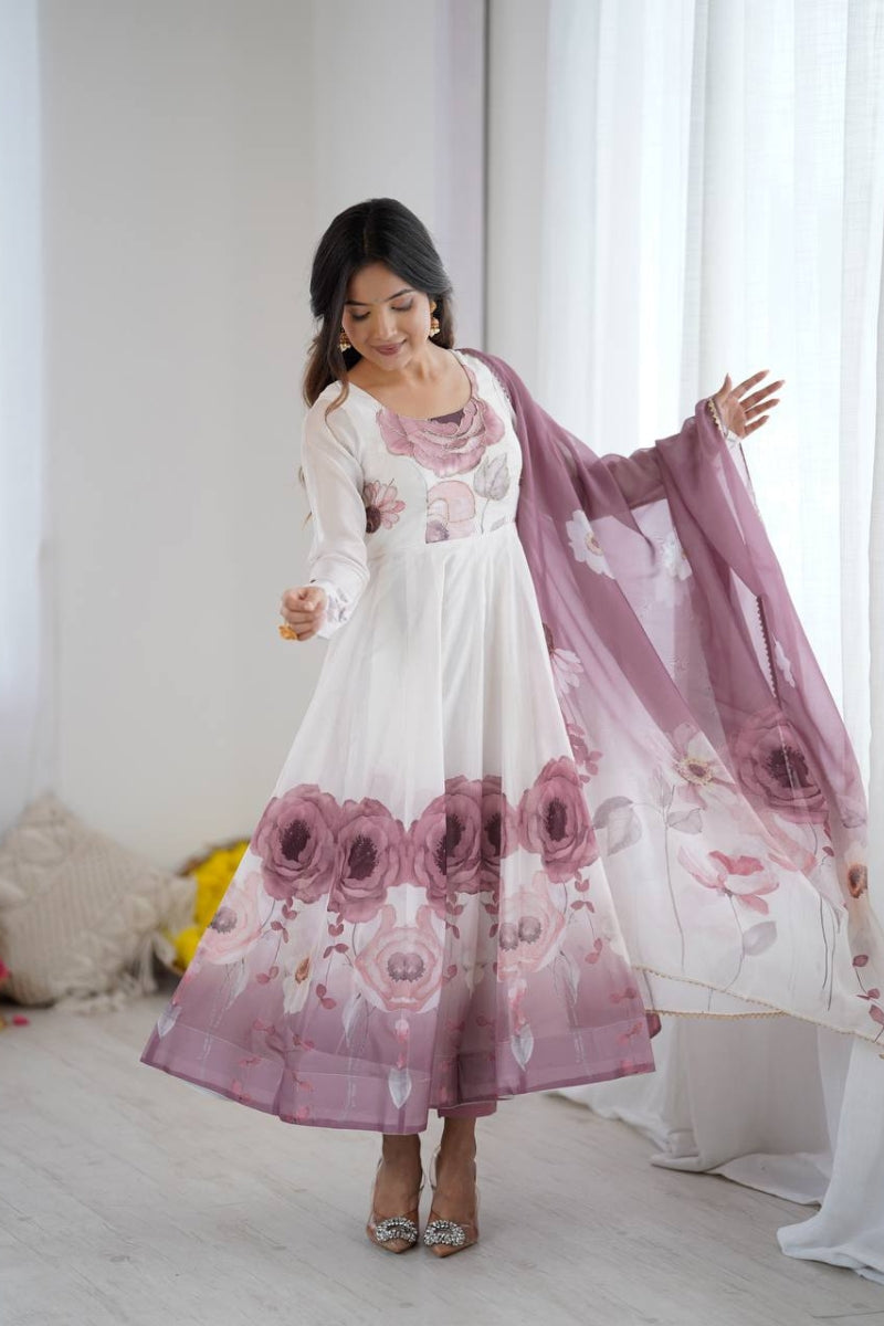 Floral Anarkali Suit in Organza Silk with Jari Work