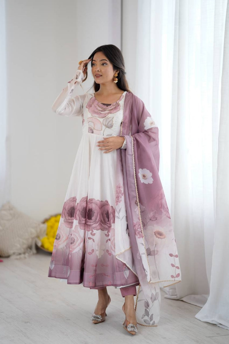 Floral Anarkali Suit in Organza Silk with Jari Work