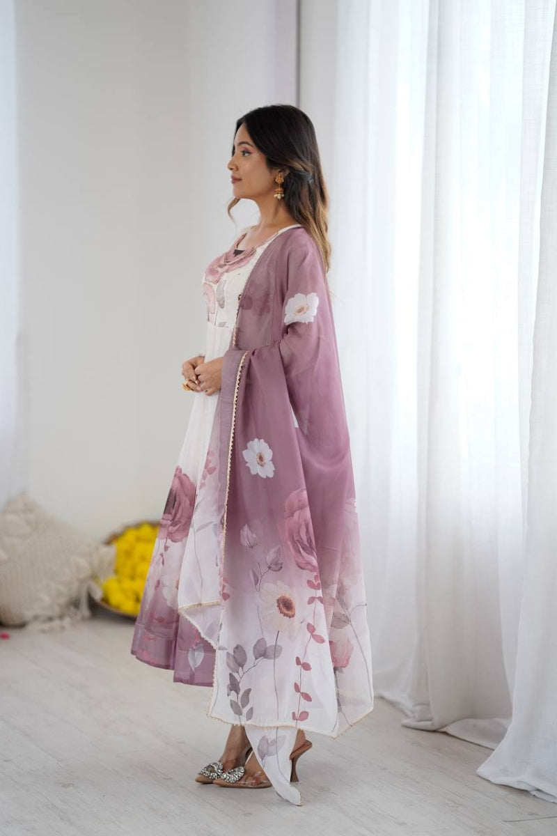 Floral Anarkali Suit in Organza Silk with Jari Work