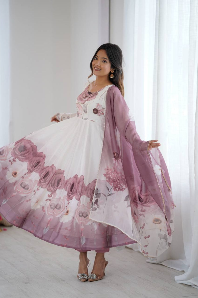 Floral Anarkali Suit in Organza Silk with Jari Work