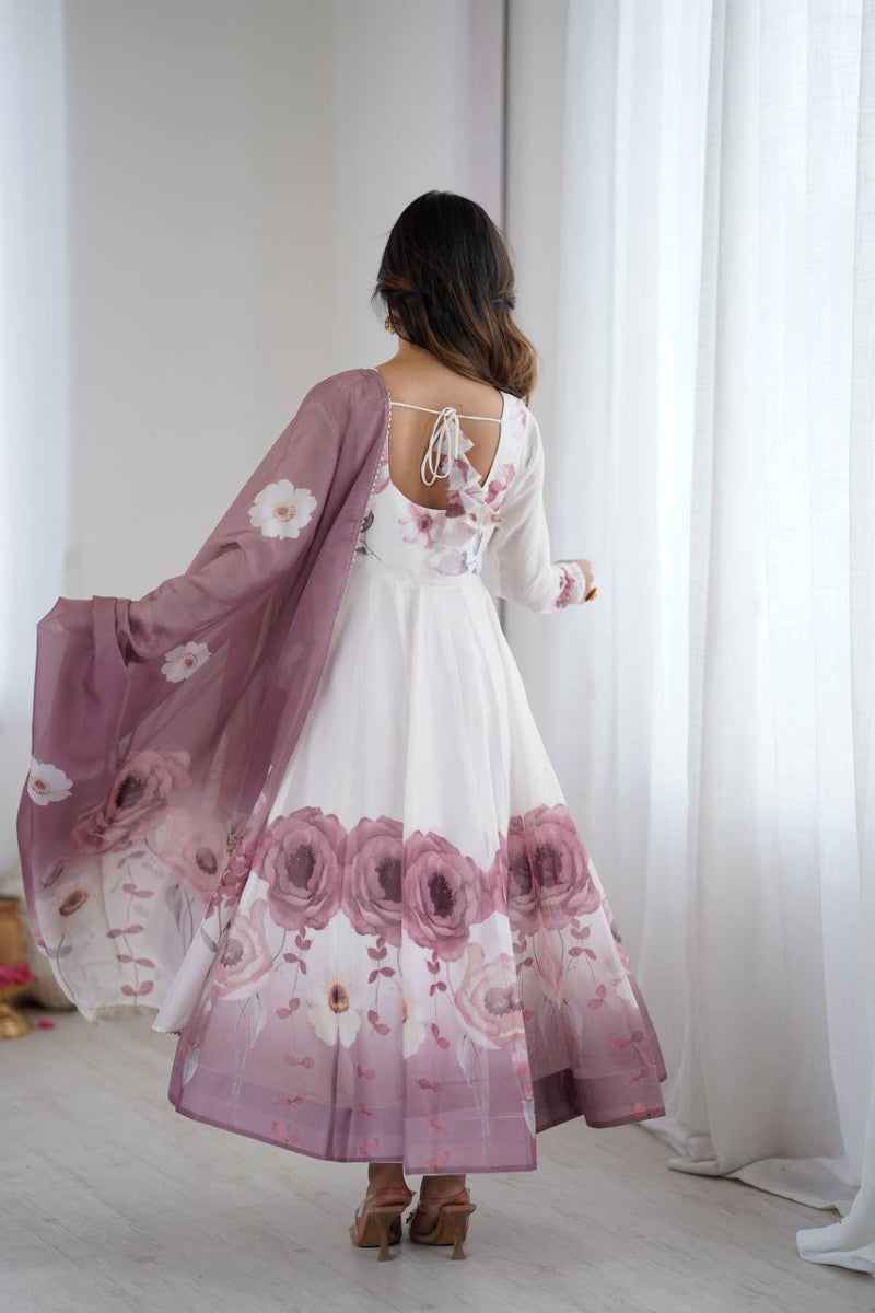 Floral Anarkali Suit in Organza Silk with Jari Work