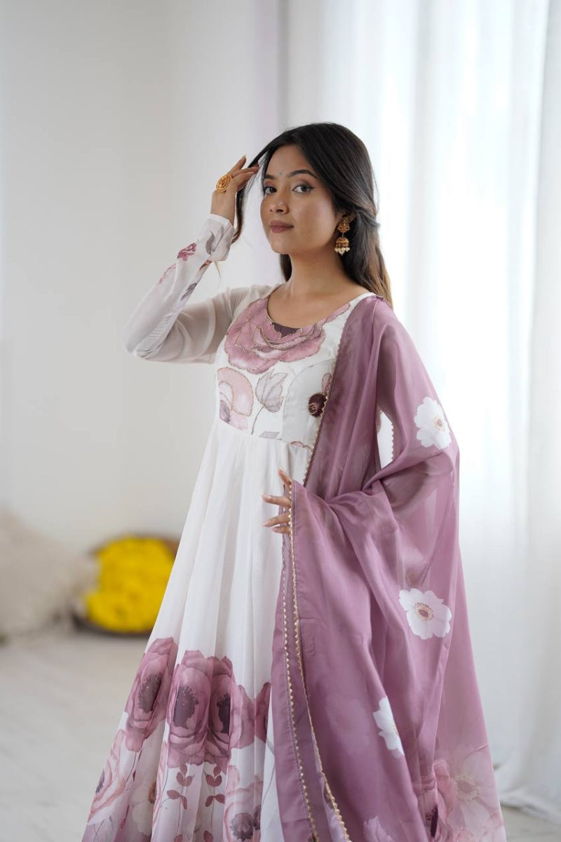 Floral Anarkali Suit in Organza Silk with Jari Work