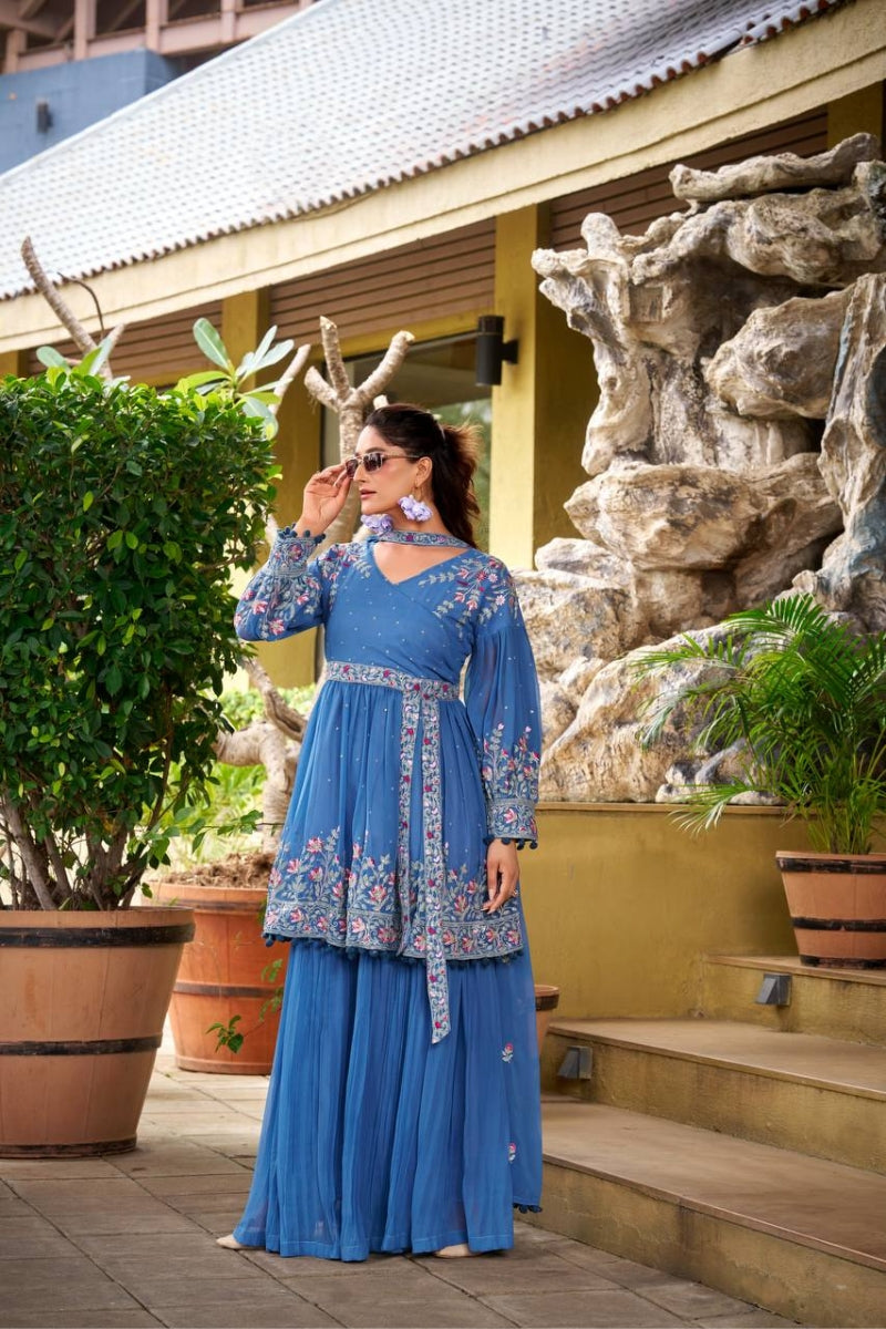 Georgette Kurta Sharara Set with Embroidery & Flowy Dupatta