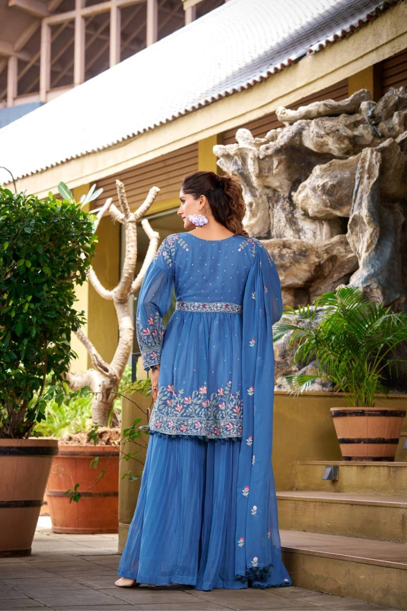 Georgette Kurta Sharara Set with Embroidery & Flowy Dupatta