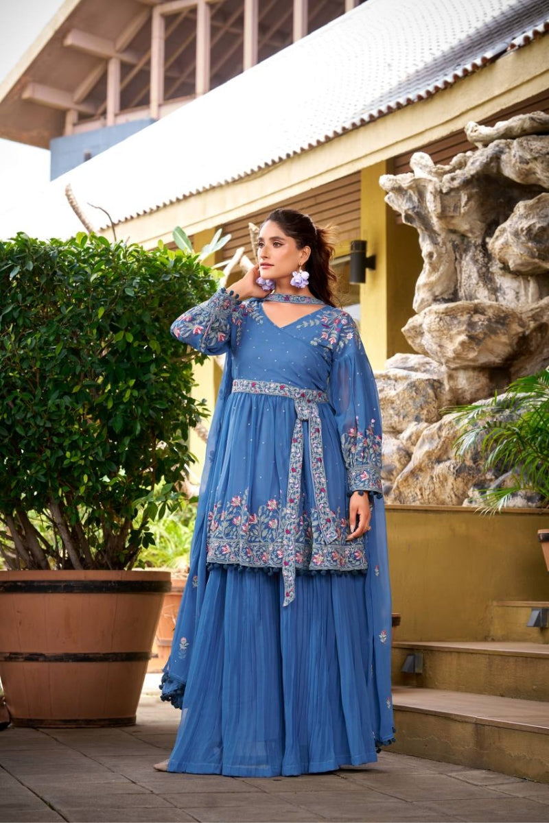 Georgette Kurta Sharara Set with Embroidery & Flowy Dupatta