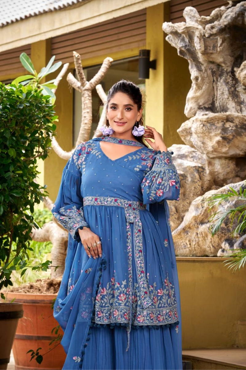 Georgette Kurta Sharara Set with Embroidery & Flowy Dupatta
